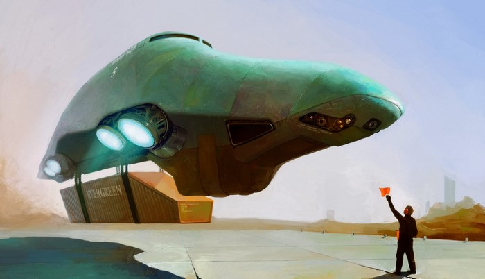 Sci-fi aircraft loading cargo with ground crew