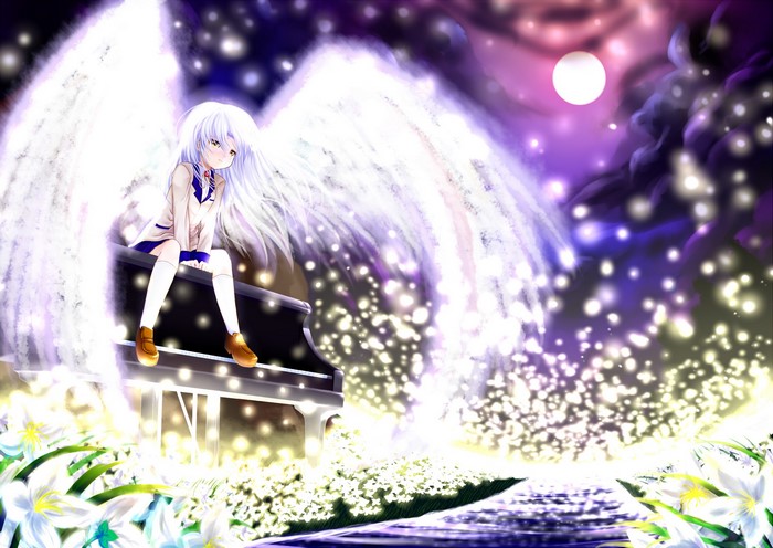 Tachibana Kanade from Angel Beats! with wings and piano