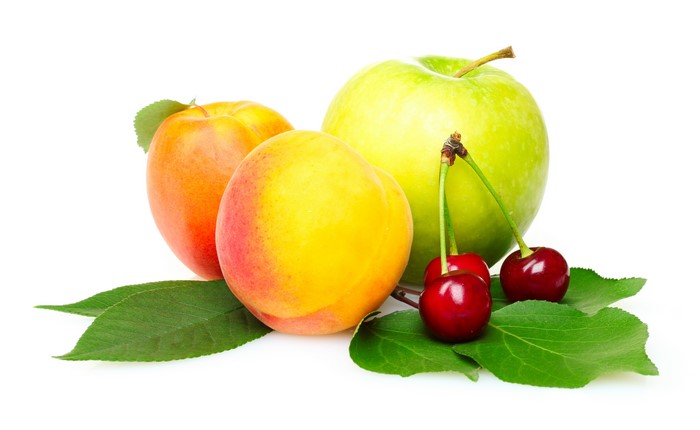 4K Peaches, Apples, and Cherries with Leaves