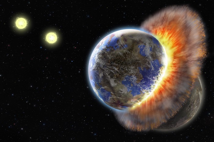 Planetary collision with two suns in background