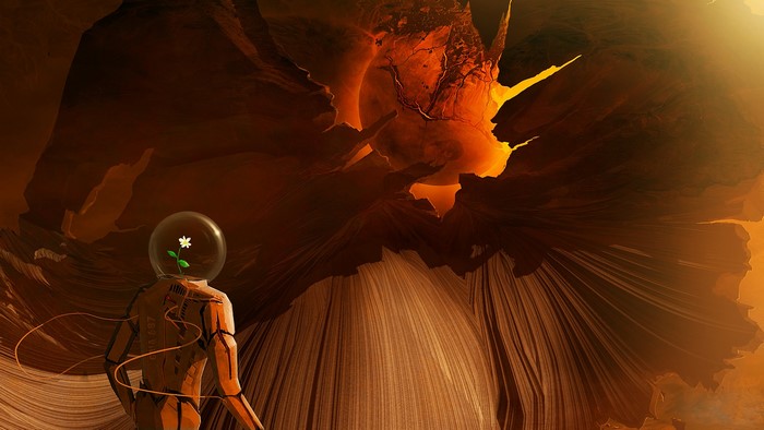 Astronaut with flower in helmet on alien planet