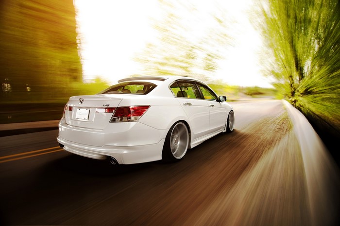 White Honda Accord V6 with Vossen wheels driving