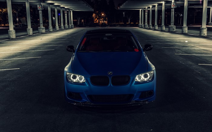 Matte Blue BMW E92 3 Series parked at night