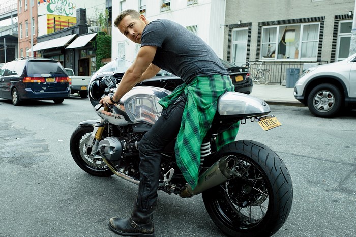 Ryan Reynolds on a motorcycle