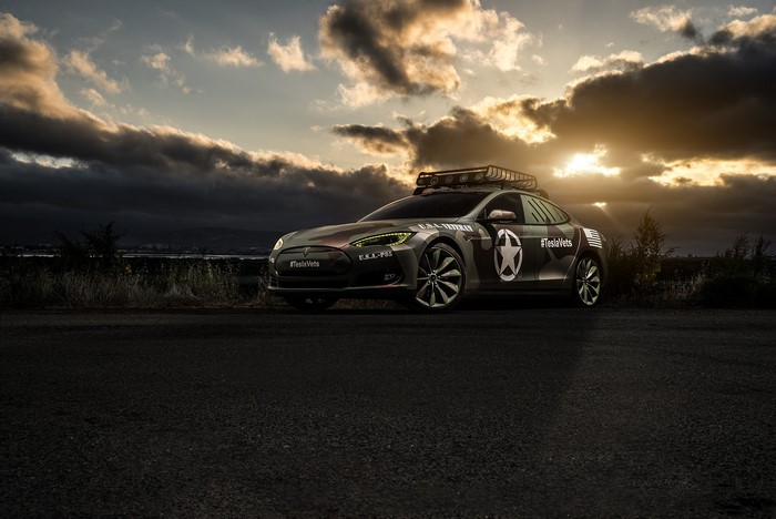 Tesla Model S P85D with military camouflage wrap