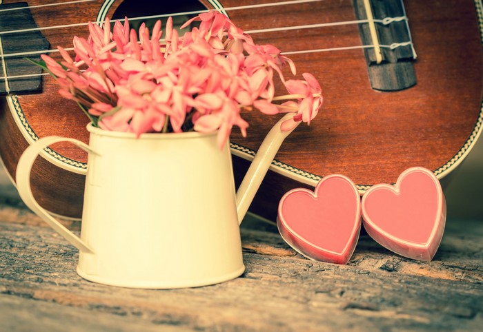 4K Vintage Romantic Guitar with Flowers and Hearts