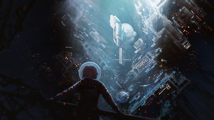 Astronaut looking at a futuristic city and spaceship