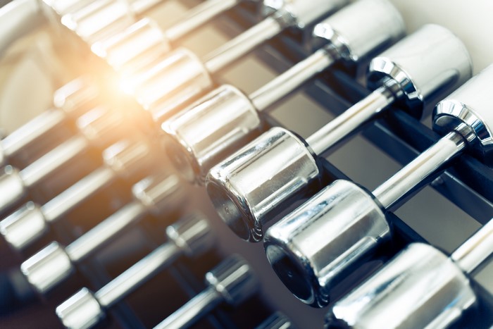 Close-up of a rack of dumbbells