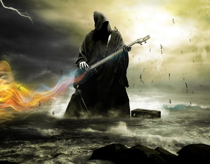 Grim Reaper playing guitar in the sea with skeletons