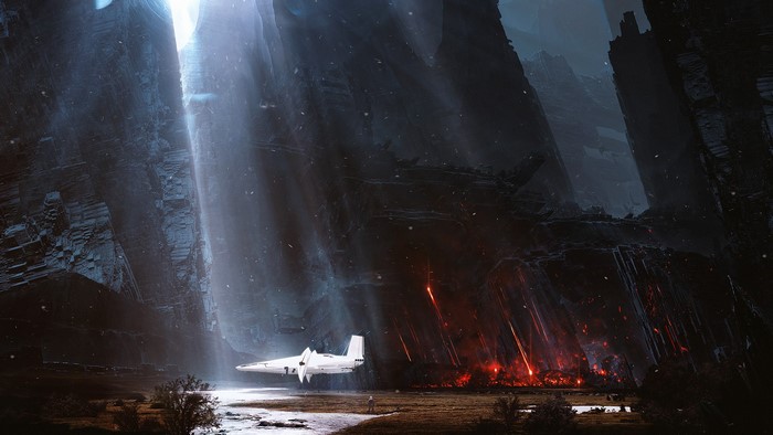 Spaceship in a rocky canyon with lava
