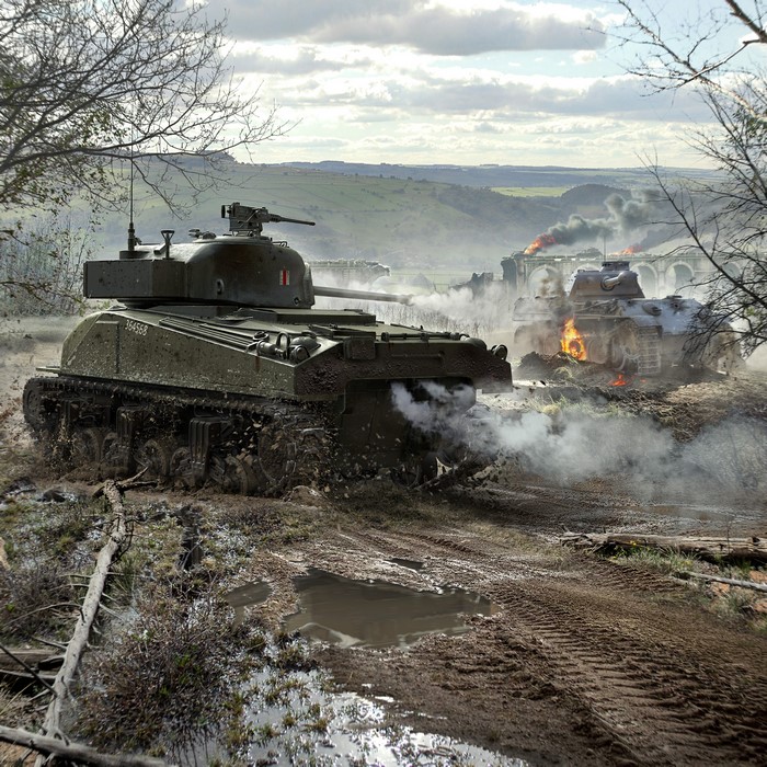 Sherman Firefly and Panther tanks in battle