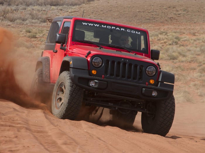 Red Jeep Wrangler Slim Concept driving on dirt