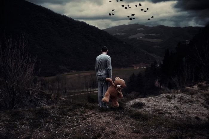 Man holding a teddy bear on a hill with birds flying