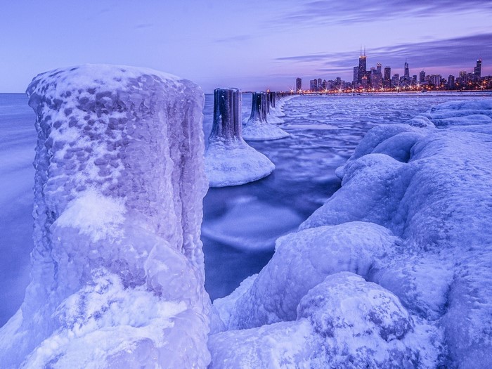 Chicago Skyline and Frozen Lakefront in Winter
