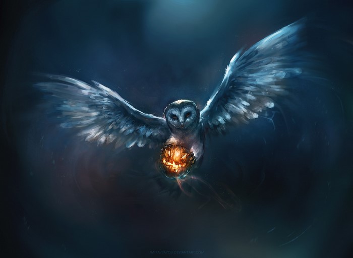 Barn owl flying with a carved pumpkin