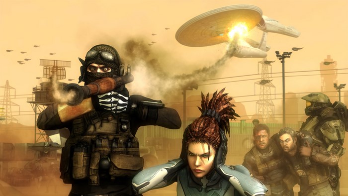 Soldiers in a desert landscape with a damaged Starship Enterprise