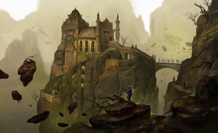 Fantastic world castle on a cliff with floating islands