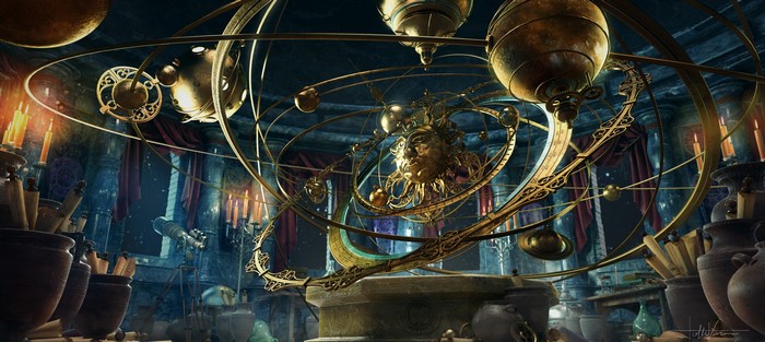 Steampunk orrery in a dimly lit study