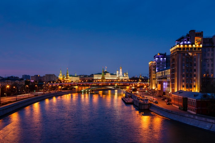 Moscow Kremlin and river at dusk