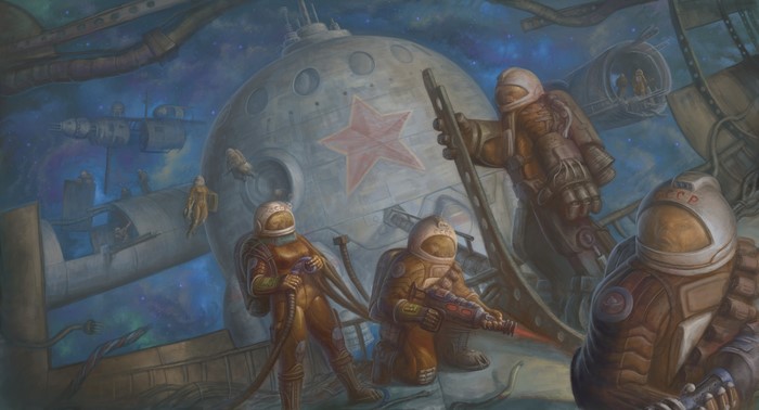 Cosmonauts in Space with USSR Space Station