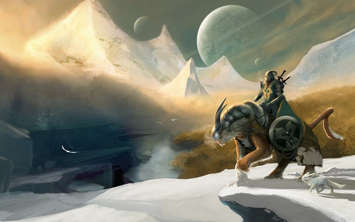 Warrior riding a beast in a fantasy winter landscape