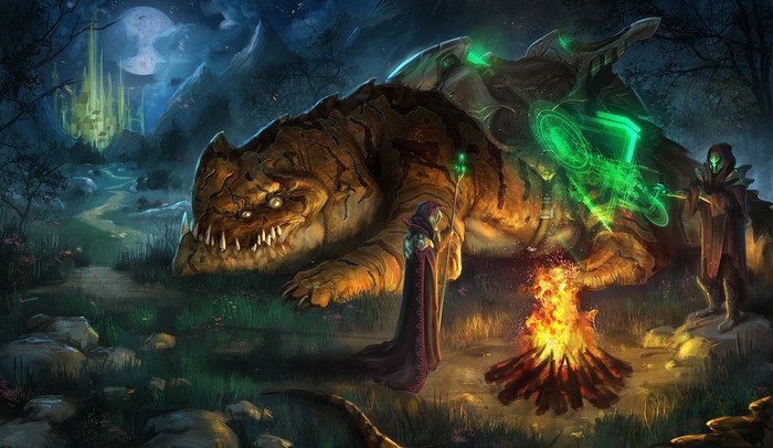 Monster and mages in a magical forest at night