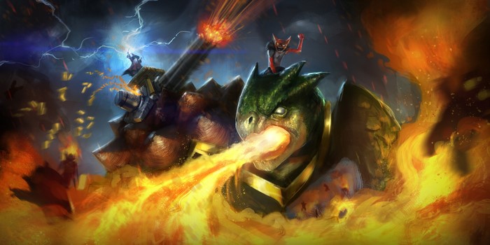 Dragon breathing fire with a mounted gun and goblins
