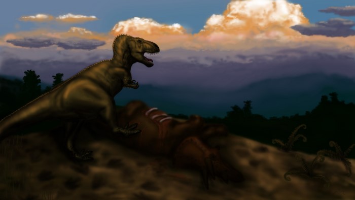 Tyrannosaurus Rex feeding on a carcass at sunset
