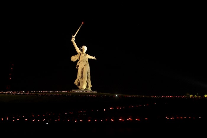 The Motherland Calls statue at night in Volgograd