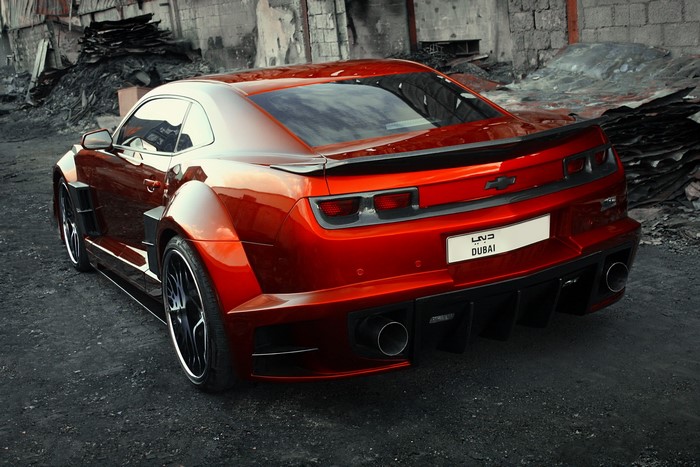 Red Chevrolet Camaro with Dubai license plate
