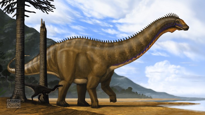 Apatosaurus and small dinosaur by trees
