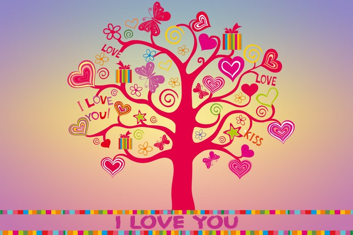Love Tree with Hearts, Butterflies, and Gifts