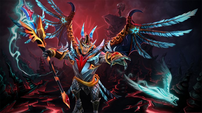 Skywrath Mage from DOTA 2 with wings and staff