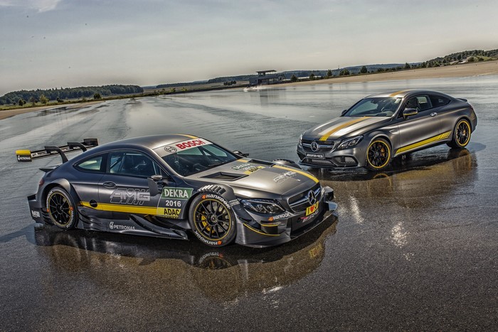 Mercedes-Benz AMG C 63 DTM race cars on wet track