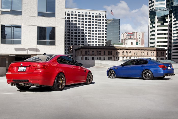 Red BMW M3 E92 and Blue BMW M5 F10