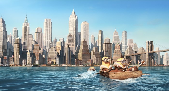Minions in a boat with New York City skyline