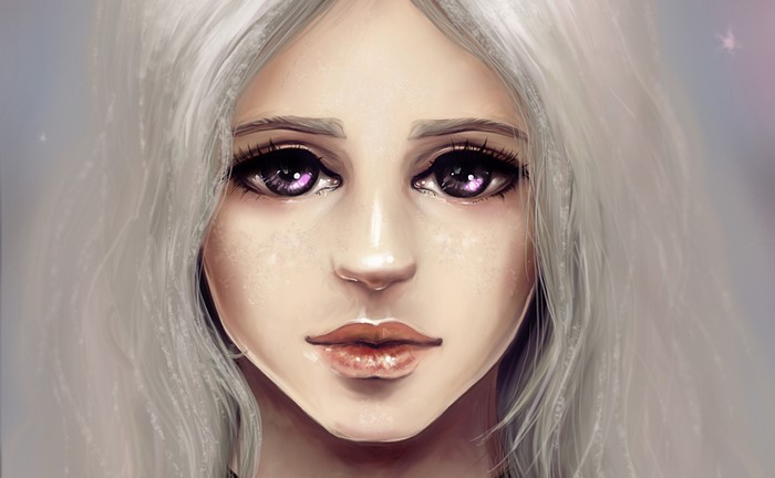 Digital painting of a woman with purple eyes