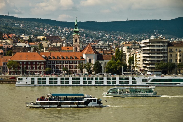 Budapest cityscape with Danube River and boats