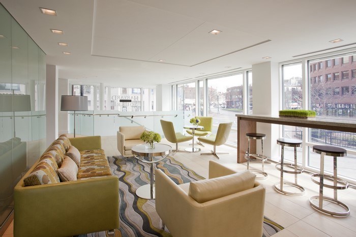 Modern lounge area with sofas and bar stools