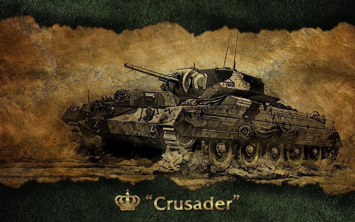 Crusader tank illustration with crown and text