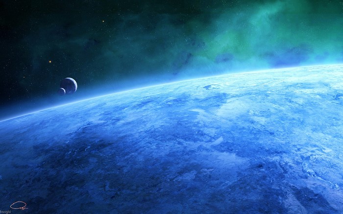 Planets and moons in space with nebula