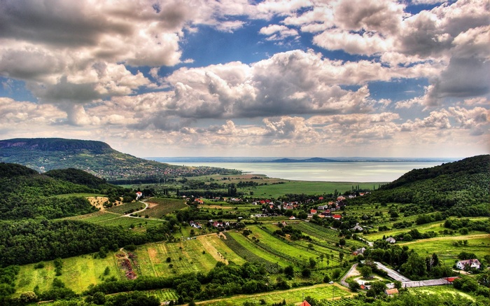 Village and vineyards by a large lake with mountains