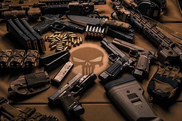 Pistols, Cartridges, and Knife with Punisher Skull