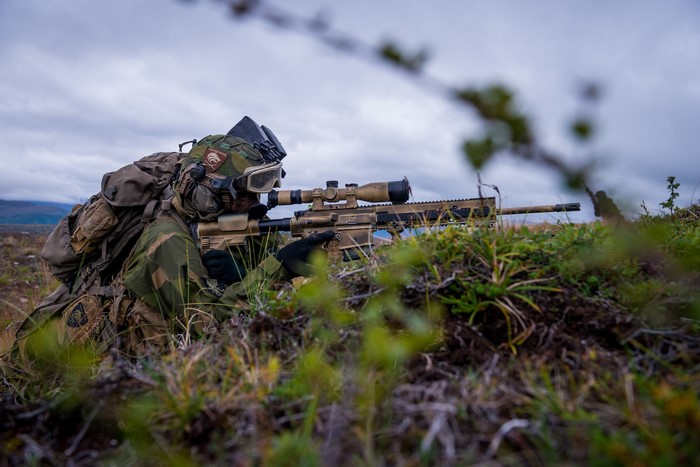 Norwegian Army sniper with rifle in grassy terrain