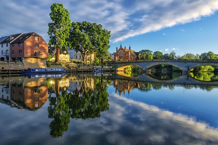 River with bridge and buildings