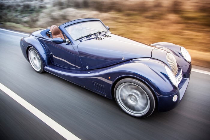 Blue 2015 Morgan Aero 8 Cabriolet in Motion