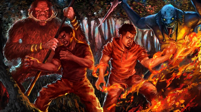 Men fighting monsters in a forest with fire