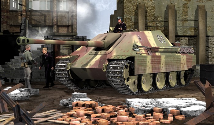 Jagdpanther tank with soldiers in destroyed city