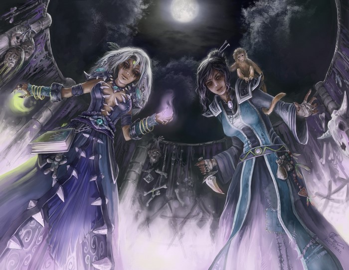 Two sorceresses with a monkey in a dark ritualistic setting
