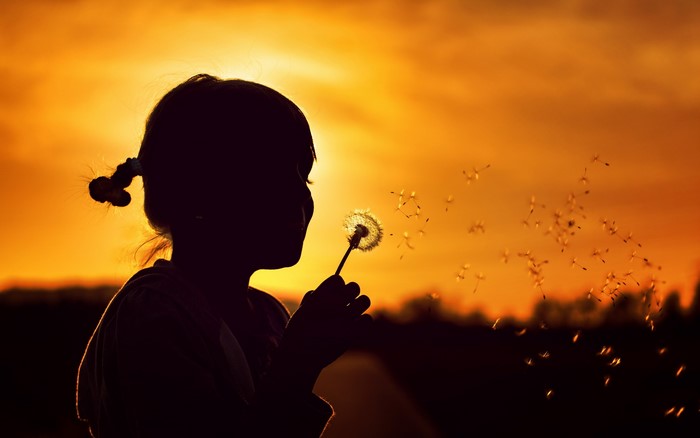 Silhouette of a girl blowing dandelion seeds at sunset